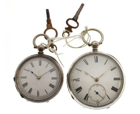 Two silver open-faced pocket watches, the first with white Roman dial and subsidiary at VI, the movement inscribed H.Cozens, 