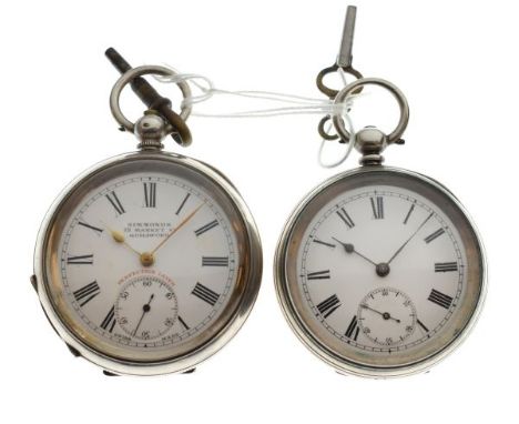 Two silver open-faced pocket watches, each having white Roman dial and subsidiary at VI, the first inscribed Simmonds 12 Mark