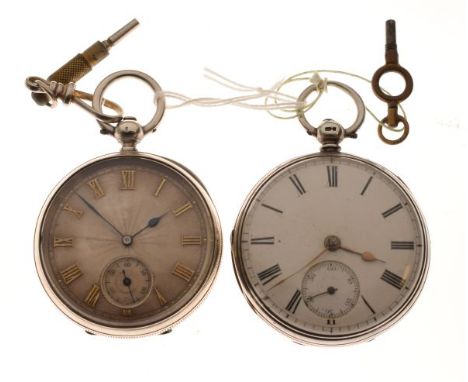 Two silver open-face pocket watches, the first with white Roman dial and subsidiary at VI, the second Swiss with silvered dia
