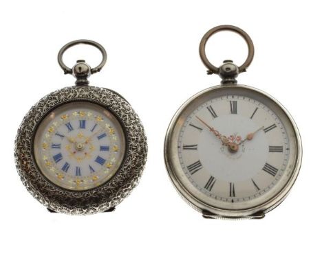 Two Continental white metal open face fob watches, the first with blue Roman numerals and engraved case stamped 0.935, the se