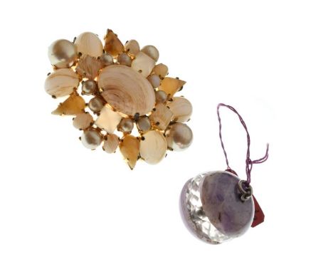 Oval costume brooch stamped Christian Dior, Made In Germany 1962, together with an amethyst quartz and crystal pendant drop b