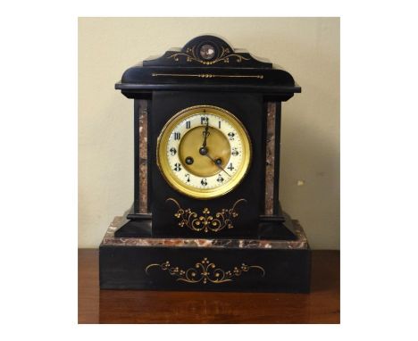Late 19th Century black slate and marble cased architectural style mantel clock, the dial with off-white chapter ring having 