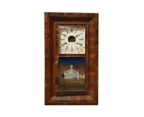 Late 19th Century American wall clock with white Roman dial over print of 'Merchants Exchange Philadelphia'   Condition: 