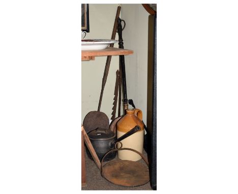 Assortment of metalware to include; copper warming pan, oven peel or paddle, and adjustable pot hook together with a stonewar