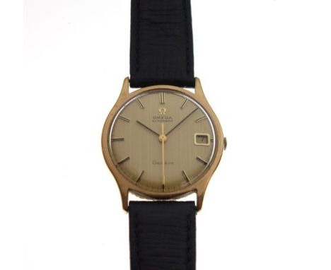 Omega - Gents 9ct gold automatic wristwatch, champagne dial with gilt baton markers and date at 3, centre seconds sweep, move