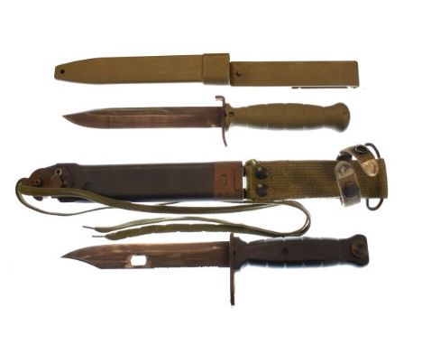 Russian AK M type bayonet, blade with one serrated edge and hole to combine with lug on scabbard to make a wire cutter, scabb