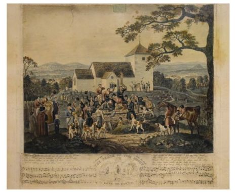 19th Century hand coloured engraved print, 'The Death of Tom Moody' with musical score beneath, 26.5cm x 28cm, framed and gla
