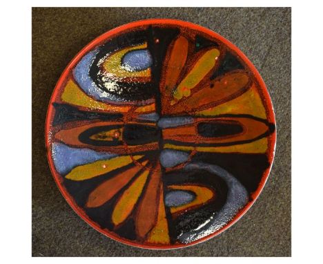 Poole Delphis range charger having brightly coloured abstract decoration, printed marks and paintress cypher for Irene Kerton
