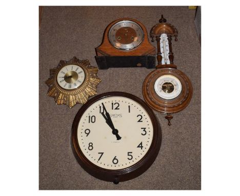 Brown Bakelite wall clock, Smiths gilt sunburst wall clock, oak mantel clock and an aneroid barometer with thermometer (4)   