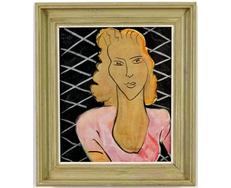 HENRI MATISSE, Portrait of a Woman, off set lithograph, singed in the plate, French green vintage frame, 25.5cm x 21.5cm. 