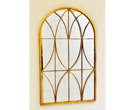ARCHITECTURAL WALL MIRROR, arched top, gilt metal frame, 100cm x 60cm. 