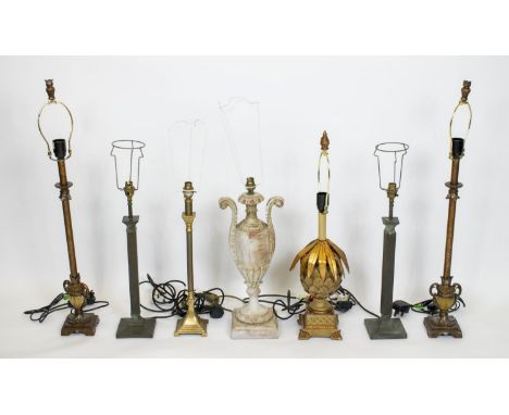 TABLE LAMPS, two pairs and three others including an urn and a pineapple lamp, tallest 83cm H. (7) 