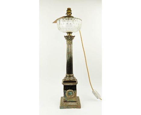 COLUMN LAMP, 66cm tall, silver plate with cut glass detail, converted from an oil lamp. 