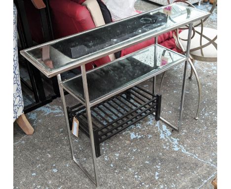 ROBERT LANGFORD CONSOLE TABLE, 100cm x 27cm x 80cm, mirrored with silvered metal. 