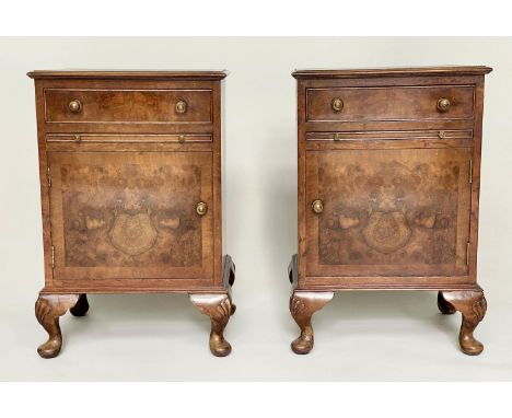 BEDSIDE/LAMP TABLES, a pair, Queen Anne style burr walnut each with drawer, slide and door, 44cm W x 67cm H x 35cm D. (2) 