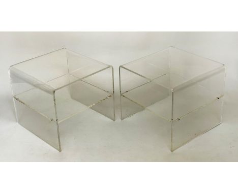 LUCITE LAMP TABLES, a pair, rounded square each with shelf, 45cm x 45cm x 40cm H. (2) 