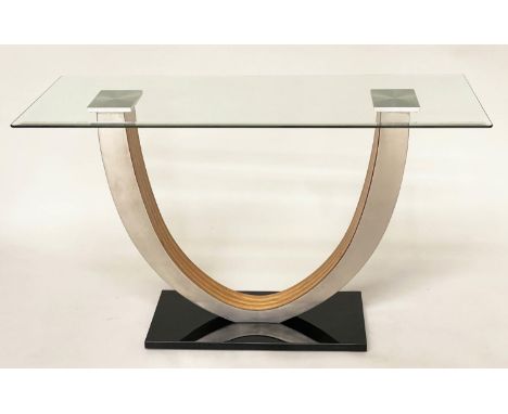 CONSOLE TABLE, contemporary bevelled rectangular glass on ply and metal stand with marble base, 122cm W x 46cm D x 73cm H. 