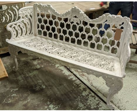 A VICTORIAN 'CARRON' WHITE CAST IRON BENCH, circa 1860, Rococo revival style, scrolled arms and legs, 93cm H x 158cm W x 50cm