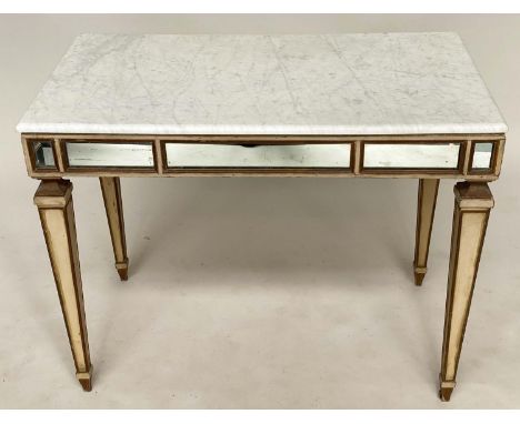 CENTRE/CONSOLE TABLE, early 20th century Italian grey painted parcel gilt and mirror panelled with tapering supports and Carr