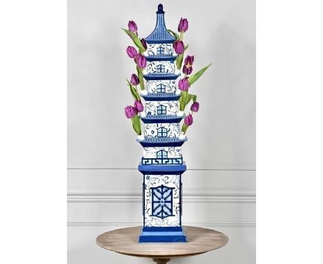 DELFTWARE STYLE PAGODA TULIP VASE, 90cm H x 19cm W. 