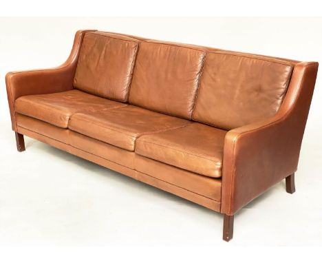 DANISH SOFA, 1970s mid brown leather, upholstered with teak supports, 180cm W. 