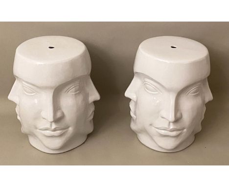 SURREALIST STYLE BARREL STOOLS, a pair, glazed ceramic, 44cm high, 38cm diameter. (2) 