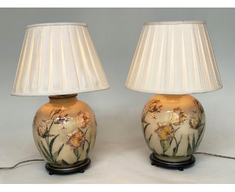 'TULIP' TABLE LAMPS, a pair, Chinese ceramic vase form with tulip decoration and pleated shades, 64cm H. (2) 