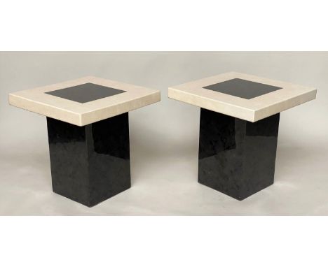TRAVERTINE LAMP TABLES, a pair, Italian marble each square with black marble inset and plinth, 55cm x 55cm x 55cm H. (2) 