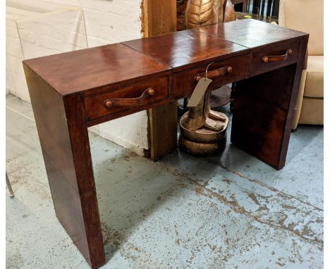 CONSOLE/TABLE DRESSING, 122cm W by 41 D x 81cm T leather with two drawers and a rising central section with mirror. 