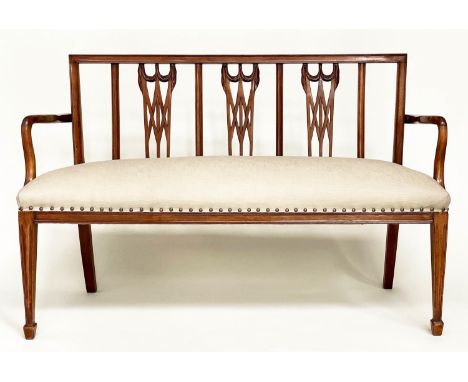 HALL BENCH, George III design mahogany with pierced triple splat back and brass studded linen upholstered seat, 137cm W. 