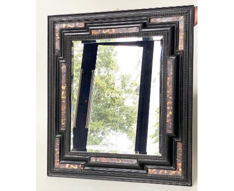 WALL MIRROR, 17th century Dutch style ebonised and faux tortoiseshell decorated with carved and moulded frame labelled verso 