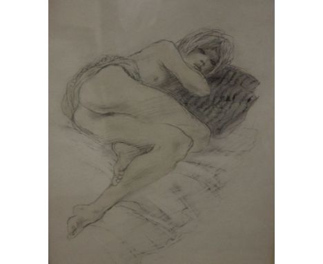 Ralph Brown (1928-2013)   'Model on striped cushion'   Pencil and watercolour     Signed and dated '90 in pencil lower right 