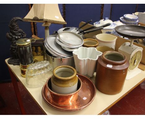 Vintage kitchenware to include; stoneware, pans with lids and a Mr Punch doorstep etc
