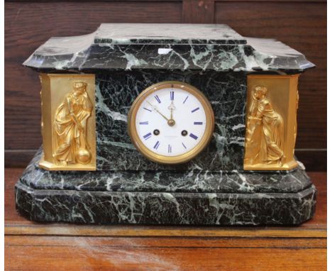A 19th Century French green variegated marble mantel clock with applied gilded figures, the white enamel dial marked marked D
