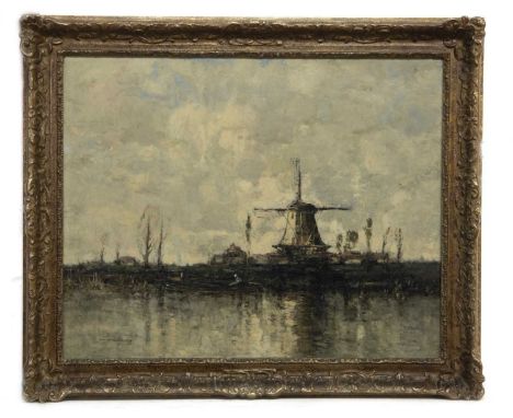 WILLIAM ALFRED GIBSON (SCOTTISH 1866 - 1931),DUTCH RIVER SCENE AND WINDMILLoil on canvas, signed, titled label versoimage siz