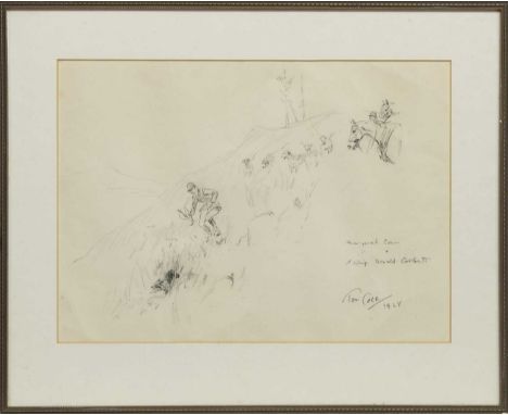 * TOM CARR (BRITISH 1912 - 1977),VERY HARD FROST GOOD SCENT ON THE FIRST FOX; and 1ST WHIP DONALD CORBETTpencils on paper, ea