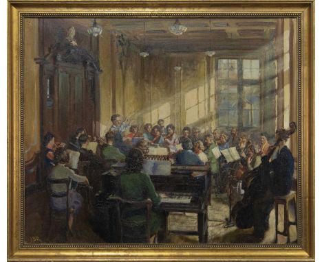 JOHN BURNS ROBERTSON (SCOTTISH fl. 1920 - 1944) THE RECITALoil on canvas, initialled image size 62cm x 75cm, overall size 72.