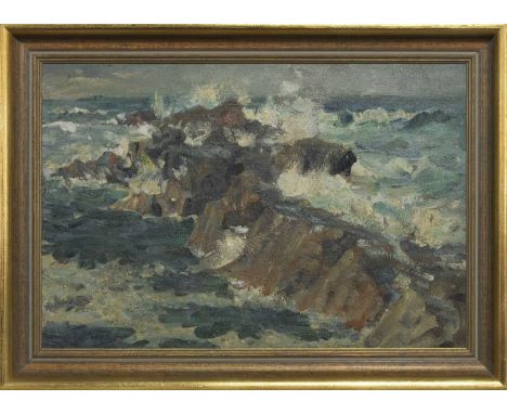 * HENRY YOUNG ALISON (SCOTTISH 1889 - 1972),BREAKERS AND ROCKoil on board, signed, titled label versoimage size 38cm x 56cm, 