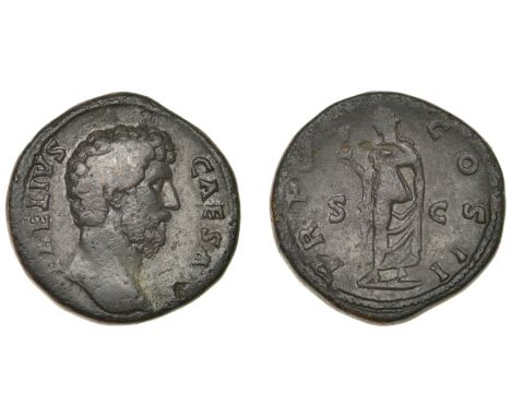 Roman Imperial Coinage, Ælius, Sestertius, 137, bare-headed bust right, rev. Spes standing left, holding flower and hitching 