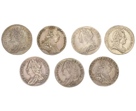 George I, Sixpence, 1723 ss c (S 3652); George II, Sixpences (4), 1732, roses and plumes, 1745, roses, 1746 lima, 1757 (S 370