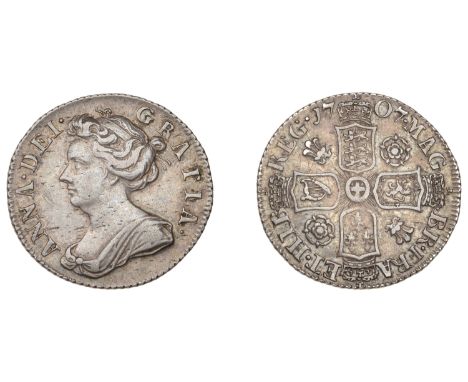 Anne (1702-1714), Sixpence, 1707, roses and plumes (ESC 1451; S 3594). Light graffiti on both sides, otherwise good very fine
