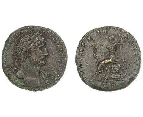 Roman Imperial Coinage, Hadrian, Sestertius, c. 119-23, laureate bust right, drapery on far shouder, rev. Roma seated left on