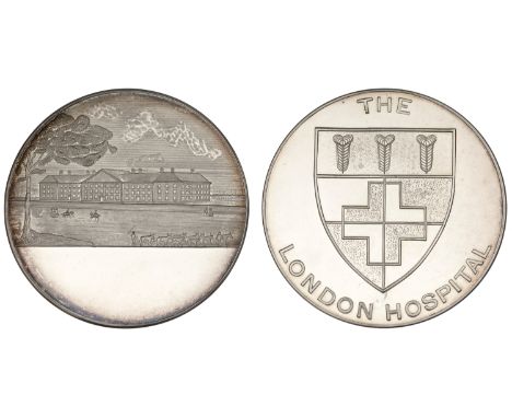 The London Hospital, a silver medal, unsigned and undated, arms, rev. view of the hospital buildings, stamped silver on edge,