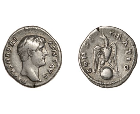 Roman Imperial Coinage, Divus Hadrian, Denarius, 138 or later, bare-headed bust right, rev. eagle, wings open, standing on gl