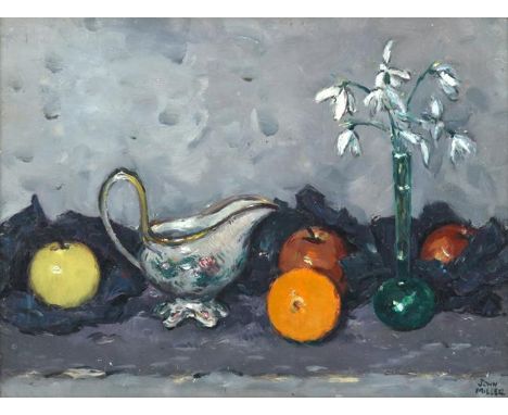 John Miller RSA, Pres RSW, (1911-1975)"Snowdrops and Fruit"Signed and inscribed verso, oil on board, 28.5cm by 39cmExhibited:
