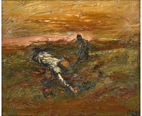 Sheila Fell RA, FRSA (1931-1979) ''Man Thinning Turnips'' Signed, inscribed verso, oil on canvas, 25cm by 29.5cm  Provenance: