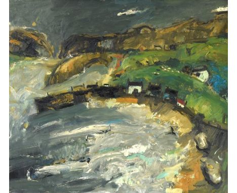 Hamish MacDonald DA, PAI (1935-2008) Scottish Scottish harbour with stormy seas Signed, oil on board, 77cm by 87cm  Artist's 