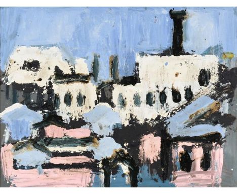 Joash Woodrow (1927-2006) ''White Buildings Black Chimney'' Oil on board, 75cm by 98cm  Provenance: 108 Fine Art, Harrogate, 