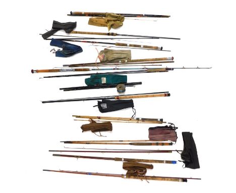 A quantity of vintage fishing rods, an Avon Regal Eagle reel, etc. 