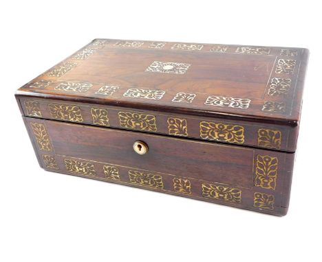 A late 19thC French rosewood and mother of pearl inlaid writing box, the circular cartouche engraved Frances Mary, the hinged